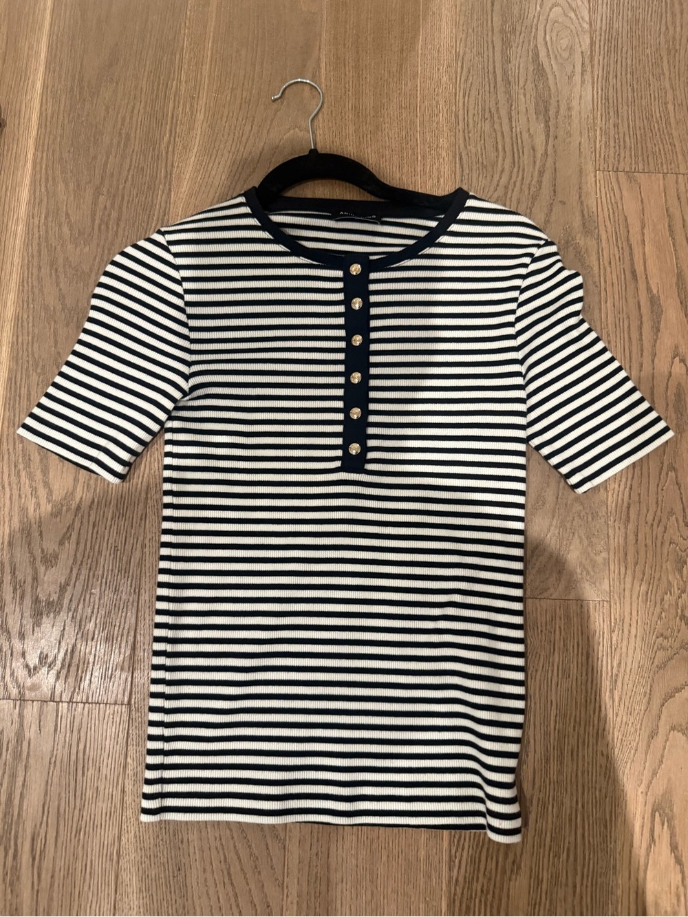 Anine Bing Black and White Striped Henley Polo